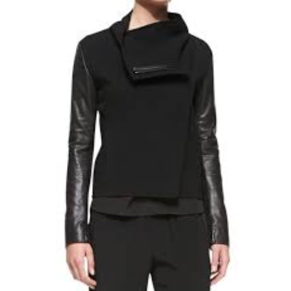 Vince 100% Wool Knit Leather Sleeve Zip Front Jacket for Women XS